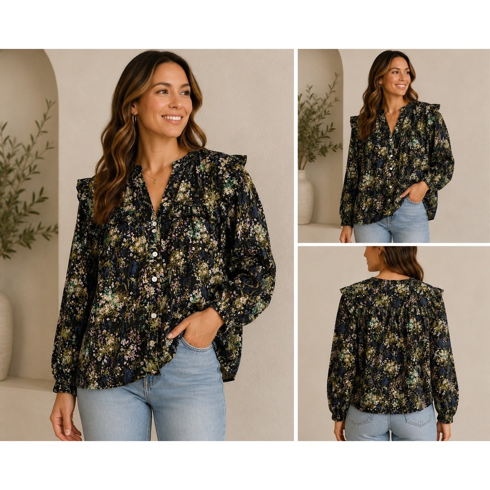 Charlee Black Floral Cotton Ruffle Button Front Boho Blouse Long Sleeve‎ Top XL